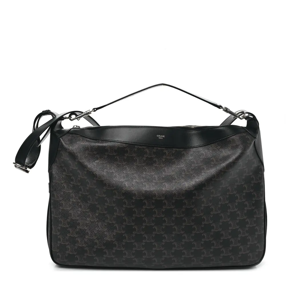 Lushentic Celine Large Romy Shoulder Bag Black Triomphe Canvas & Calfskin Leather Silver Hardware Front