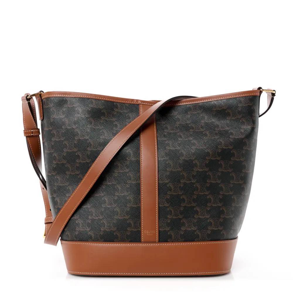 Lushentic Celine Medium Bucket Bag Tan Triomphe Canvas & Calfskin Leather Front