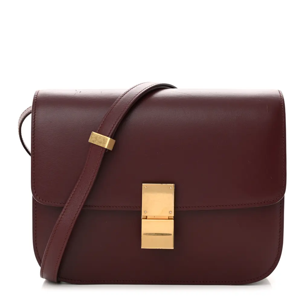 Lushentic Celine Medium Classic Box Flap Bag Burgundy Box Calfskin Leather Gold Hardware Front