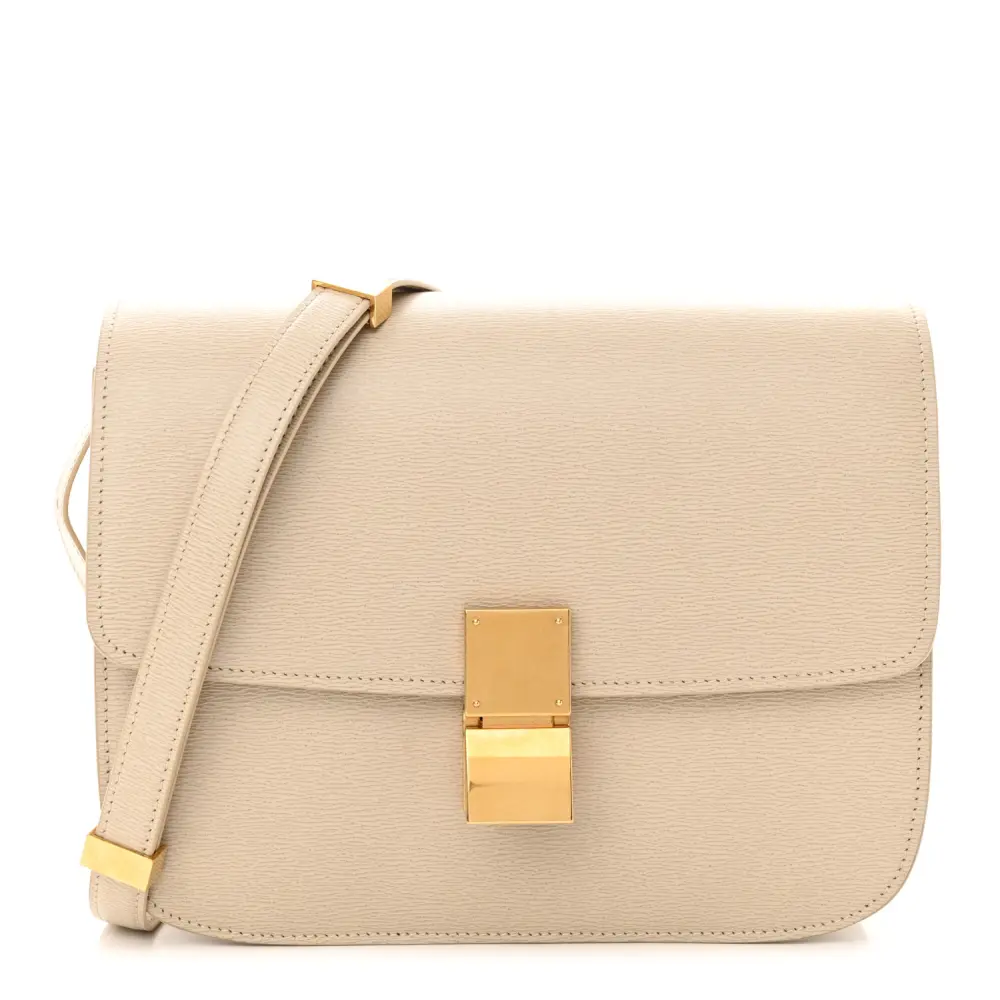 Lushentic Celine Medium Classic Box Flap Bag Linen Liege Calfskin Leather Gold Hardware Front
