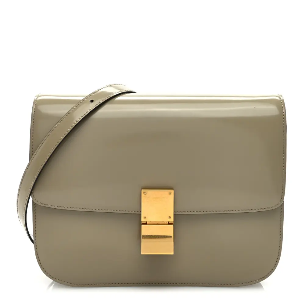 Lushentic Celine Medium Classic Box Flap Bag Quartz Spazzolato Calfskin Leather Gold Hardware Front