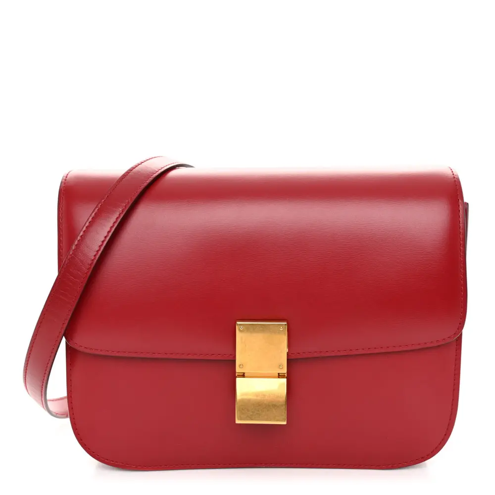Lushentic Celine Medium Classic Box Flap Bag Red Box Calfskin Leather Gold Hardware Front