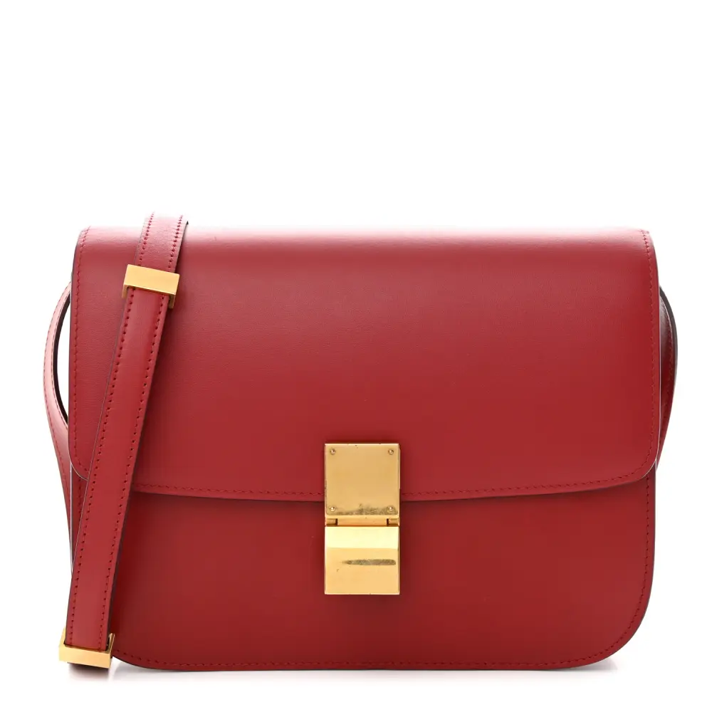 Lushentic Celine Medium Classic Box Flap Bag Red Box Calfskin Leather Gold Hardware Front