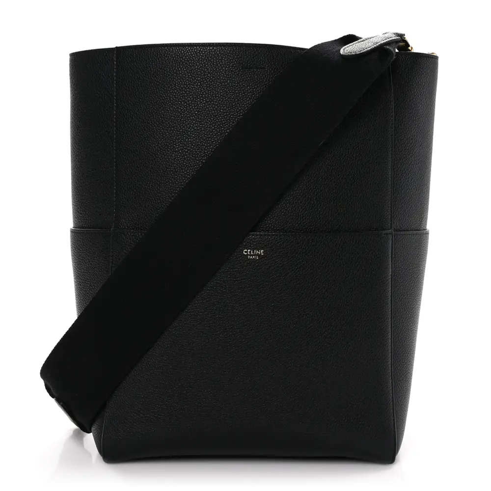 Lushentic Celine Medium Sangle Bucket Bag Black Soft Grained Calfskin Leather Gold Hardware Front
