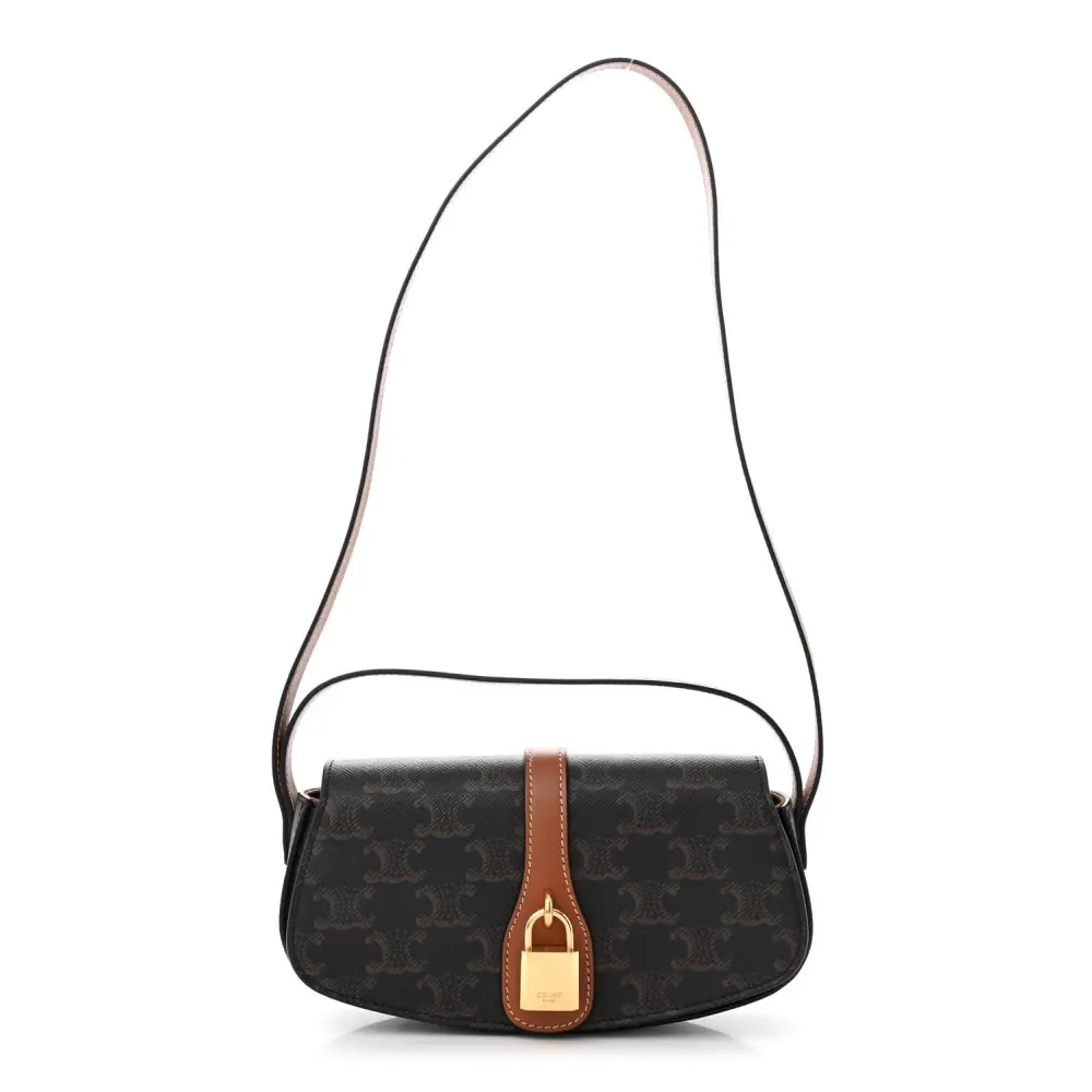 Lushentic Celine Medium Tabou Clutch on Strap Tan Triomphe Canvas & Calfskin Leather Gold Hardware Front