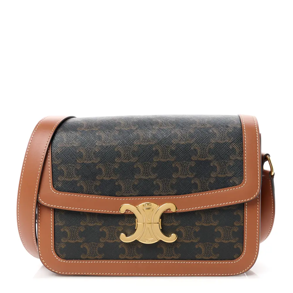 Lushentic Celine Medium Triomphe Bag Tan Triomphe Canvas & Calfskin Leather Gold Hardware Front