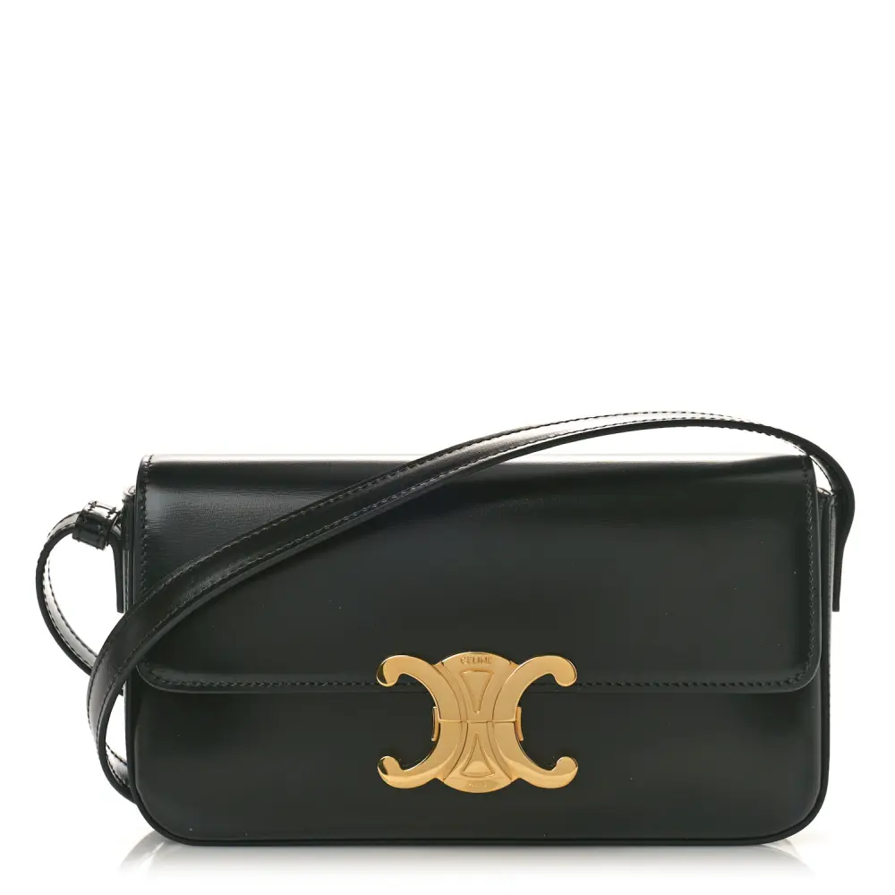 Lushentic Celine Medium Triomphe Shoulder Bag Black Shiny Calfskin Leather Gold Hardware Front