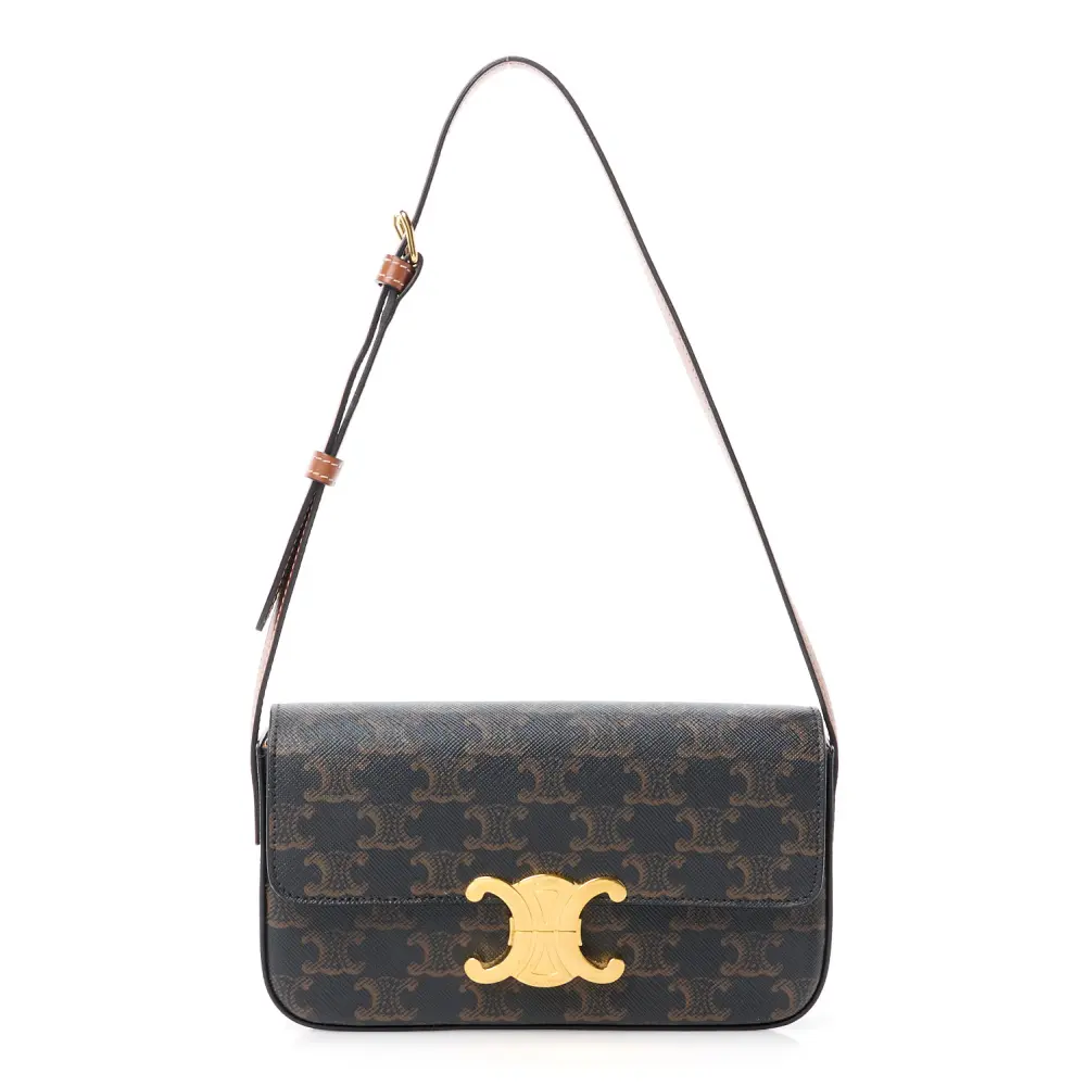 Lushentic Celine Medium Triomphe Shoulder Bag Tan Canvas & Calfskin Leather Gold Hardware Front