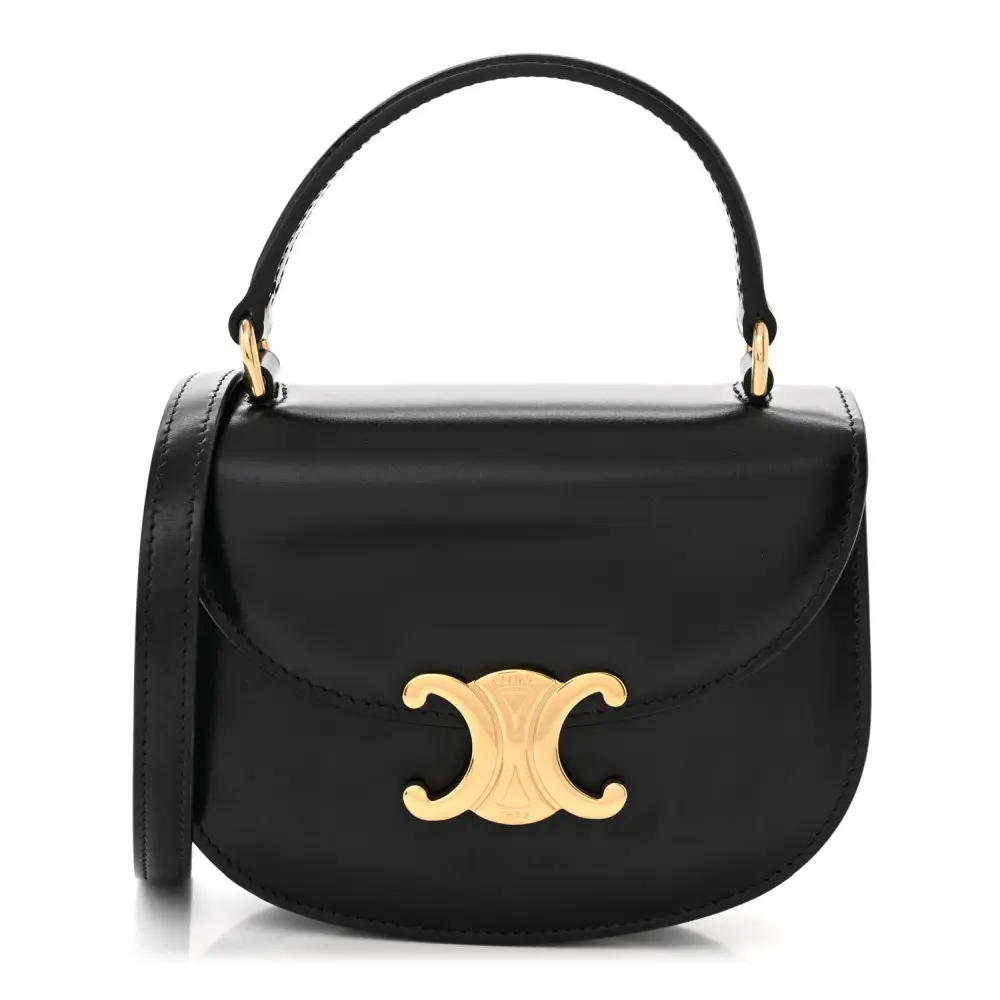 Lushentic Celine Mini Besace Clea Triomphe Bag Black Shiny Calfskin Leather Gold Hardware Front
