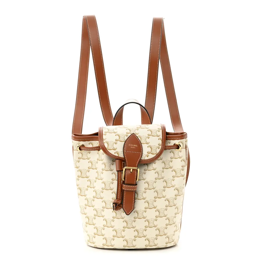 Lushentic Celine Mini Folco Backpack White Triomphe Canvas & Calfskin Leather Gold Hardware Front