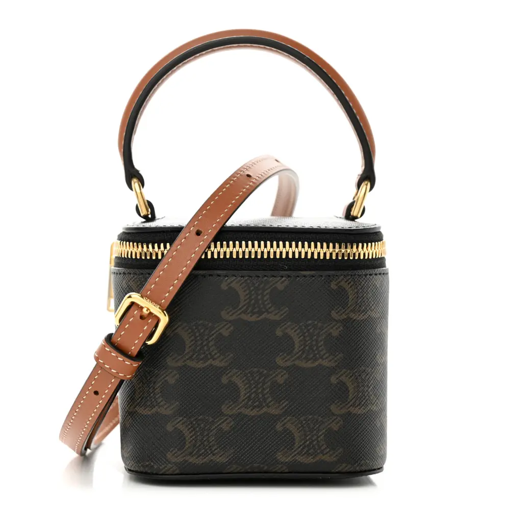 Lushentic Celine Mini Vanity Case Tan Triomphe Canvas & Calfskin Leather Gold Hardware Front