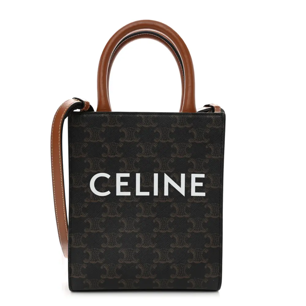 Lushentic Celine Mini Vertical Cabas Tan Triomphe Canvas & Calfskin Leather Gold Hardware Front