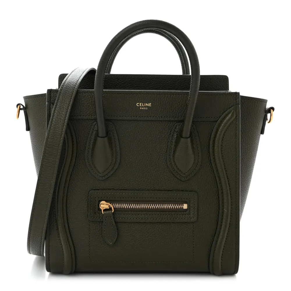 Lushentic Celine Nano Luggage Bag Khaki Drummed Calfskin Leather Gold Hardware Front