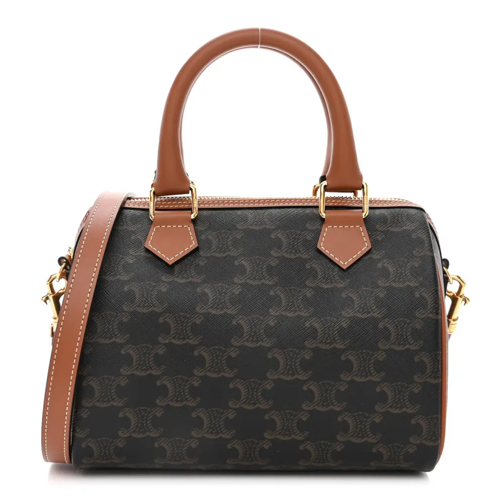 Lushentic Celine Small Boston Bag Tan Triomphe Canvas & Calfskin Leather Front