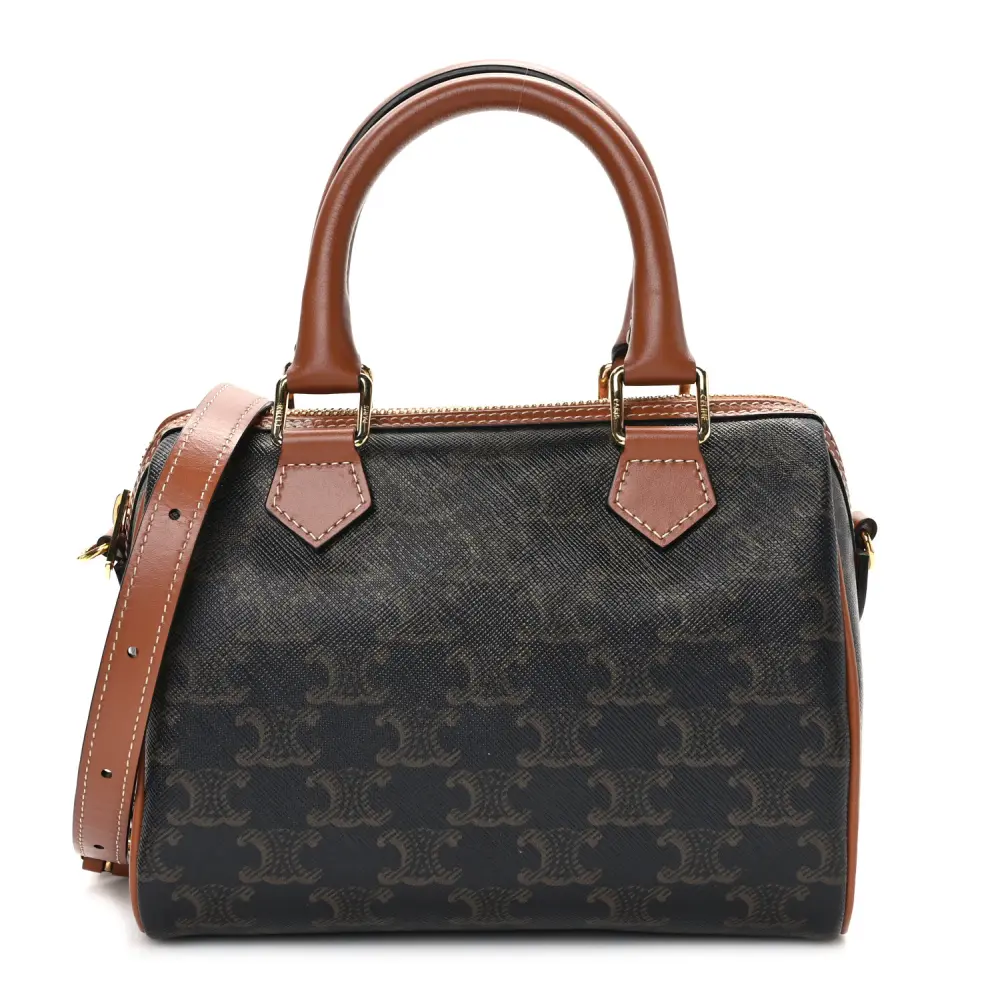 Lushentic Celine Small Boston Bag Tan Triomphe Canvas & Calfskin Leather Gold Hardware Front