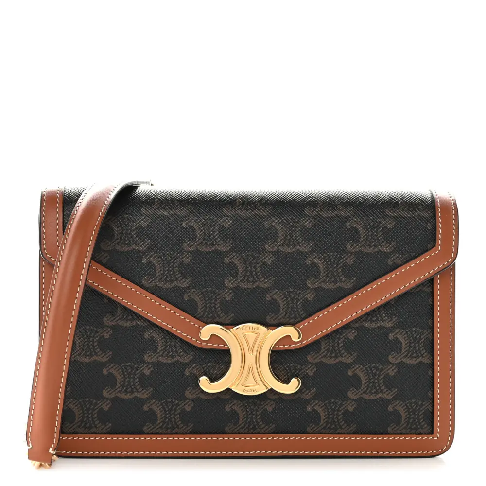 Lushentic Celine Small Margo Wallet on Chain Tan Triomphe Canvas & Calfskin Leather Gold Hardware Front