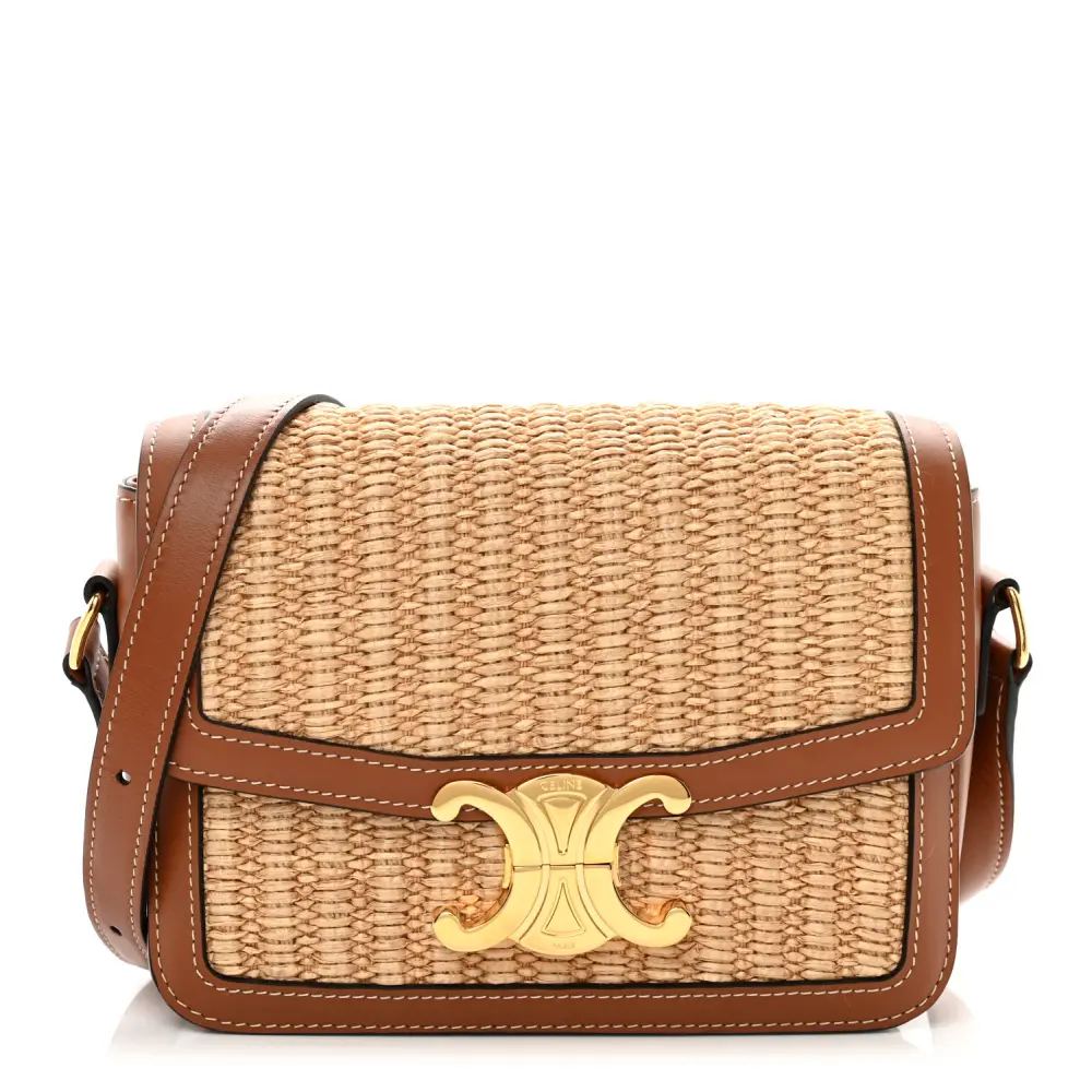 Lushentic Celine Small Teen Triomphe Bag NaturalTan Raffia Calfskin Leather Gold Hardware Front
