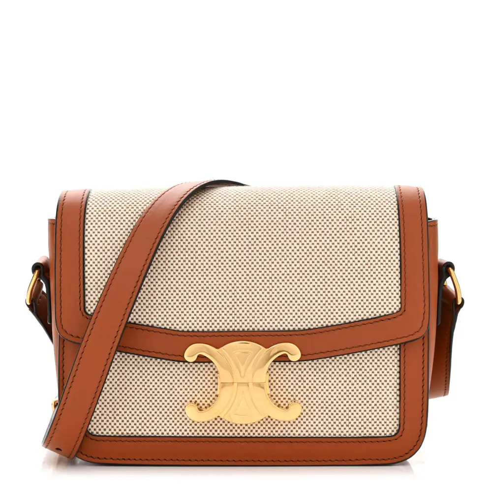 Lushentic Celine Small Teen Triomphe Bag WhiteTan Textile & Natural Calfskin Leather Gold Hardware Front