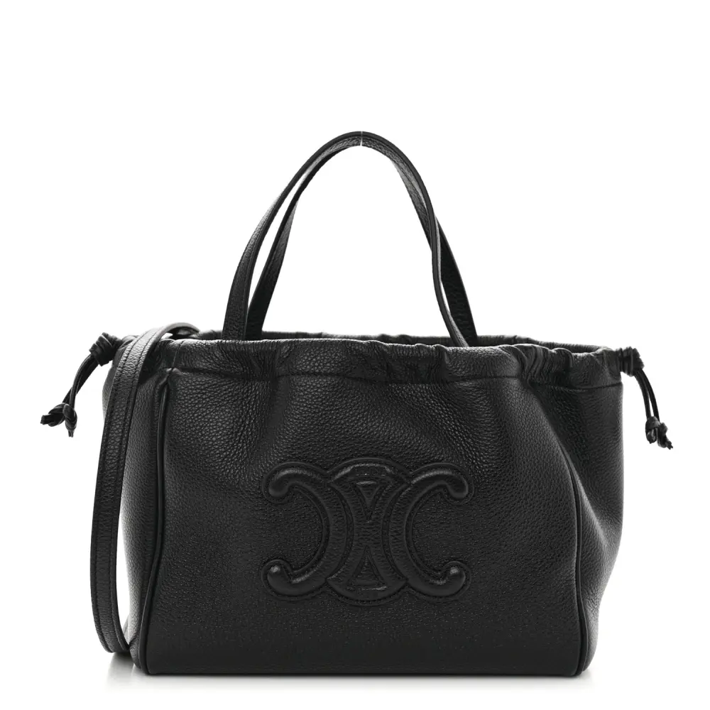 Lushentic Celine Small Triomphe Cabas Drawstring Bag Black Calfskin Cuir Gold Hardware Front(1)