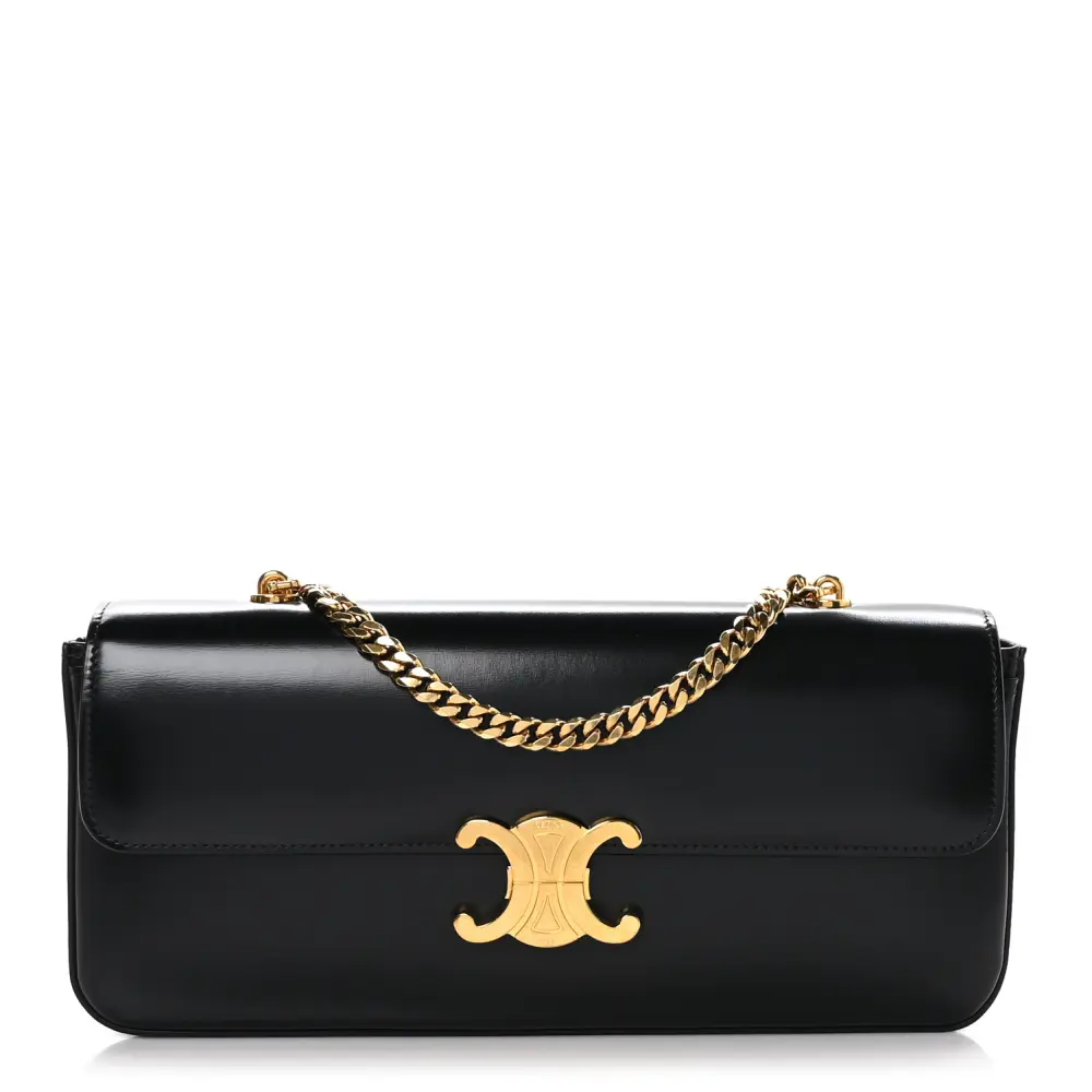 Lushentic Celine Small Triomphe Chain Shoulder Bag Black Shiny Calfskin Leather Gold Hardware Front