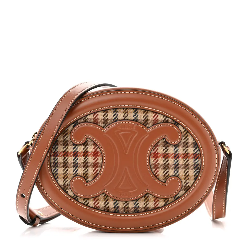 Lushentic Celine Small Triomphe Oval Purse Crossbody Tan Smooth Calfskin Leather & Houndstooth Cuir Gold Hardware Front