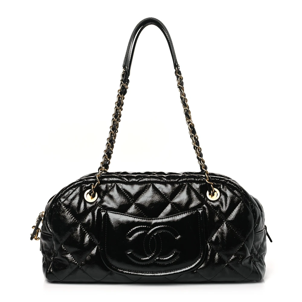 Lushentic Chanel Bowler Bag Medium Black Quilted Shiny Aged Calfskin Leather Silver Hardware Front