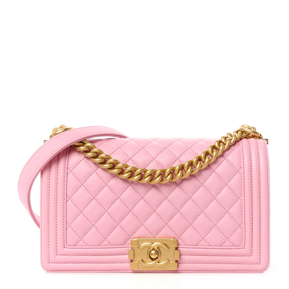 Lushentic Chanel Boy Flap Medium Light Pink Quilted Calfskin Leather Aged Gold Hardware Front