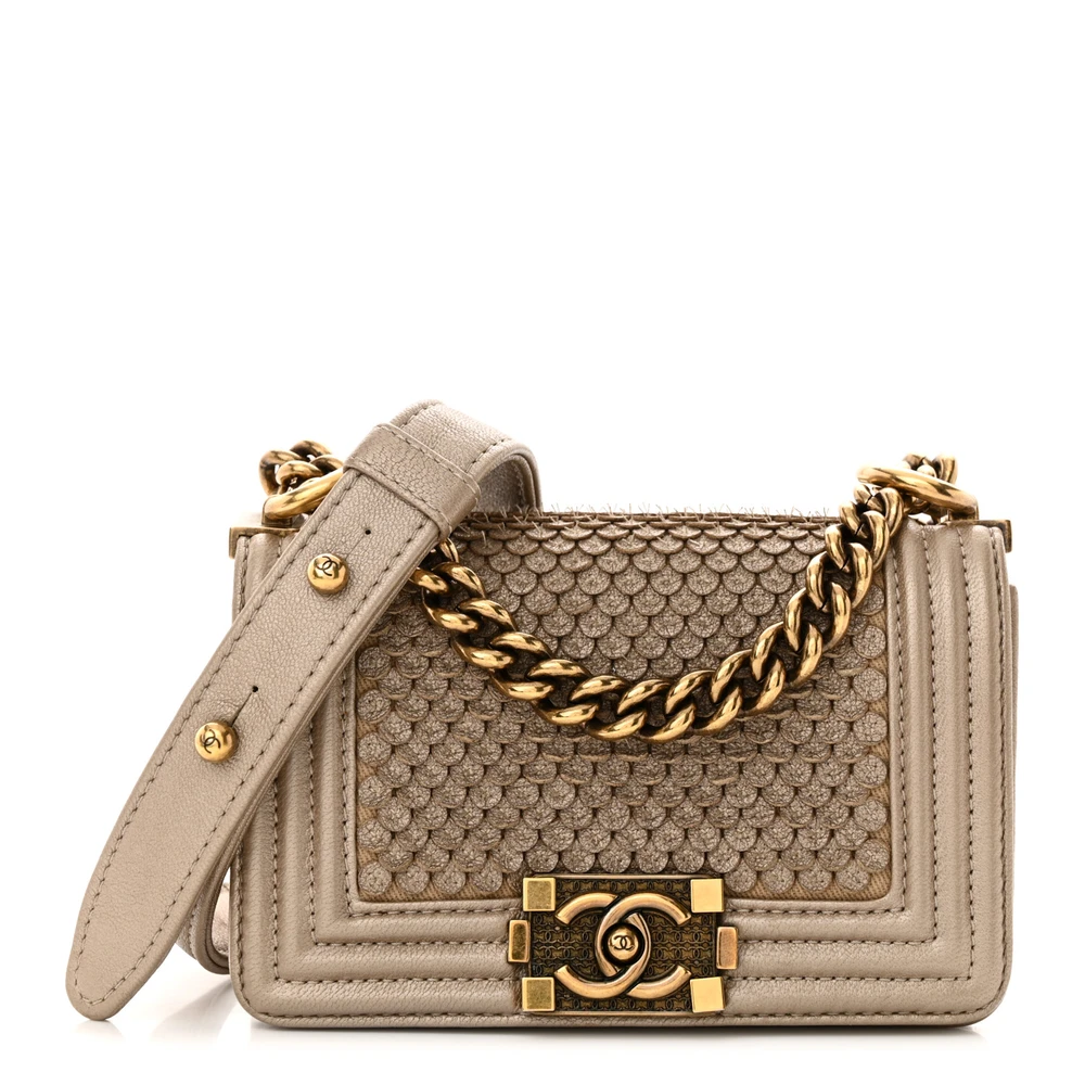 Lushentic Chanel Boy Flap Mini Scaled Metallic Gold Quilted Lambskin Leather Aged Gold Hardware Front