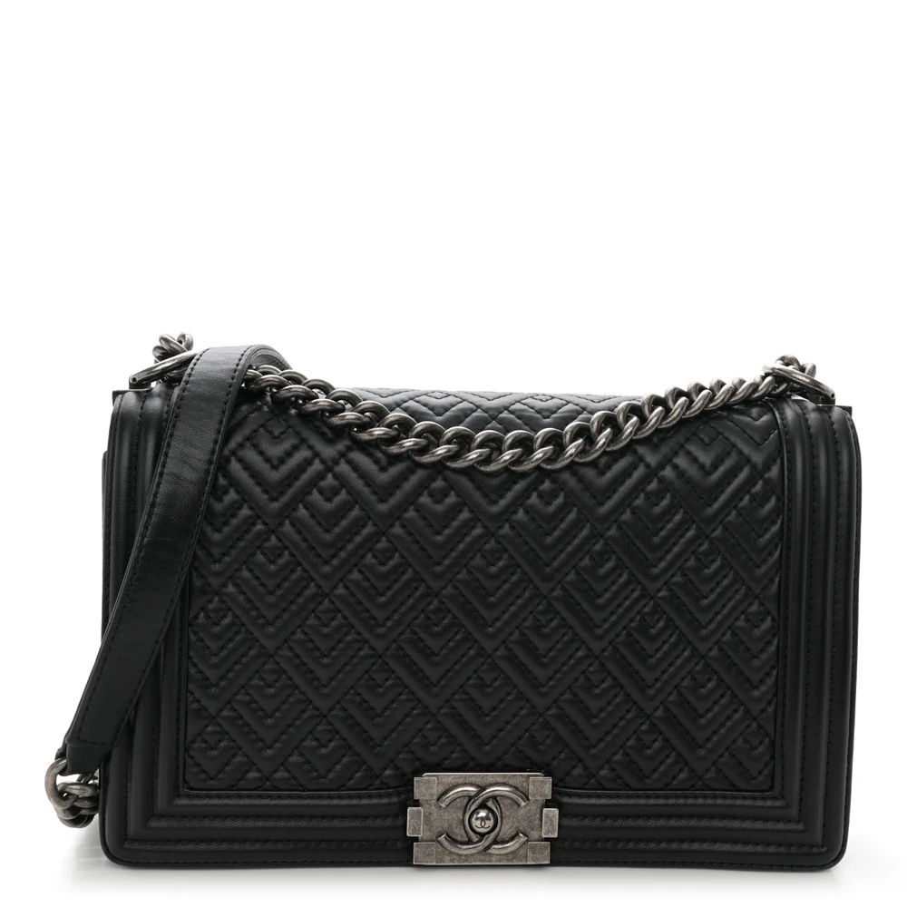 Lushentic Chanel Boy Flap New Medium Black Quilted Lambskin Leather Ruthenium Hardware Front