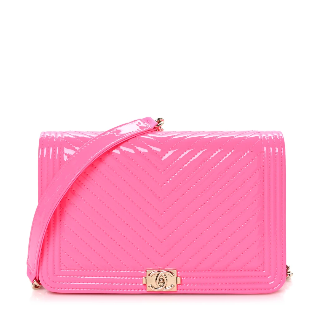 Lushentic Chanel Boy Wallet On Chain (WOC) Small Rose Pink Chevron Quilted Patent Leather Light Gold Hardware Front