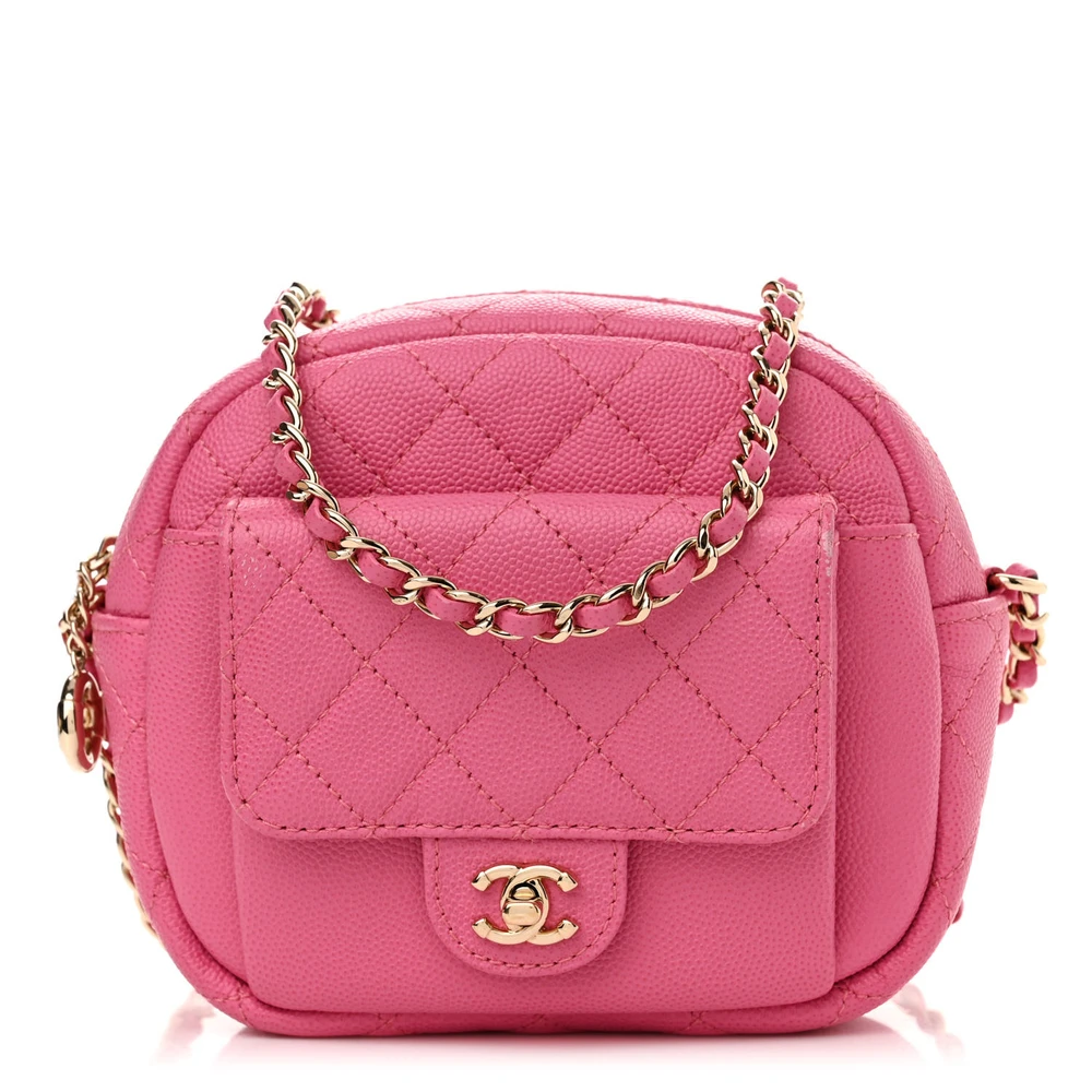 Lushentic Chanel CC Day Camera Case Small Pink Quilted Caviar Leather Gold Hardware Front