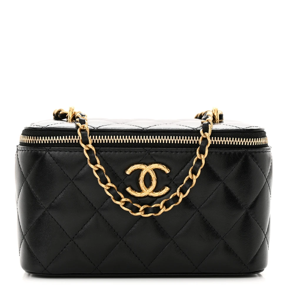 Lushentic Chanel CC Dynasty Vanity Case Small Black Quilted Lambskin Leather Gold Hardware Front