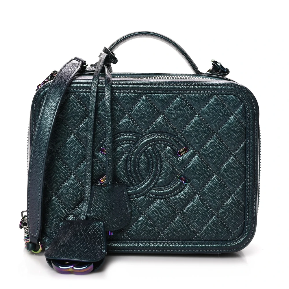 Lushentic Chanel CC Filigree Vanity Case Medium Dark Turquoise Quilted Caviar Leather Rainbow Hardware Front