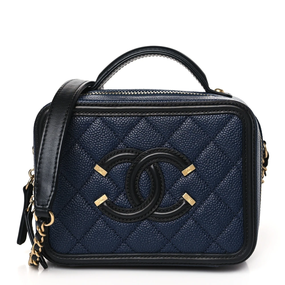 Lushentic Chanel CC Filigree Vanity Case Small NavyBlack Quilted Caviar Leather Gold Hardware Front