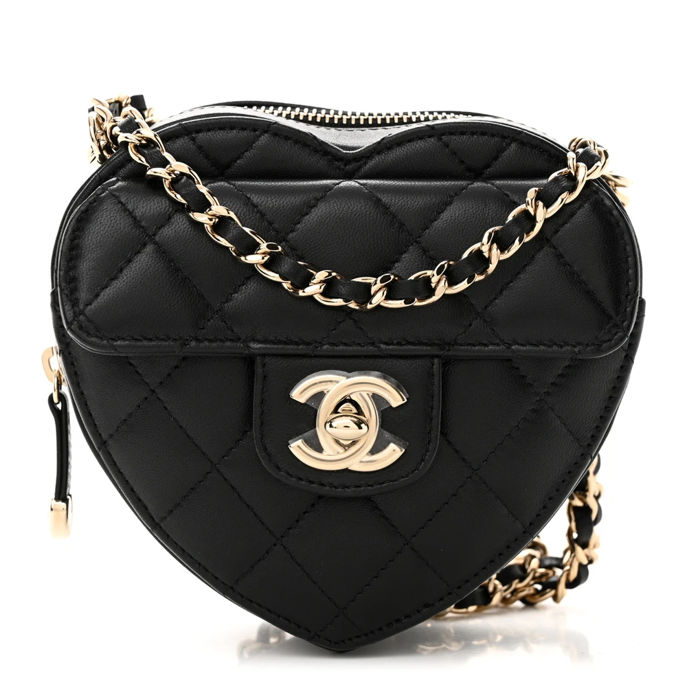 Lushentic Chanel CC In Love Heart Clutch With Chain Small Black Quilted Lambskin Leather Light Gold Hardware Front
