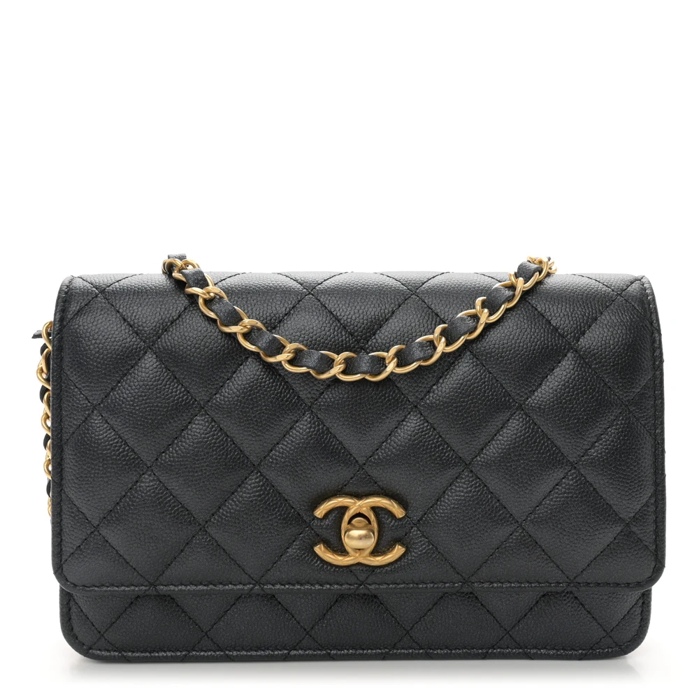 Lushentic Chanel CC Quilted Wallet On Chain (WOC) Small Black Quilted Pearly Caviar Leather Aged Gold Hardware Front