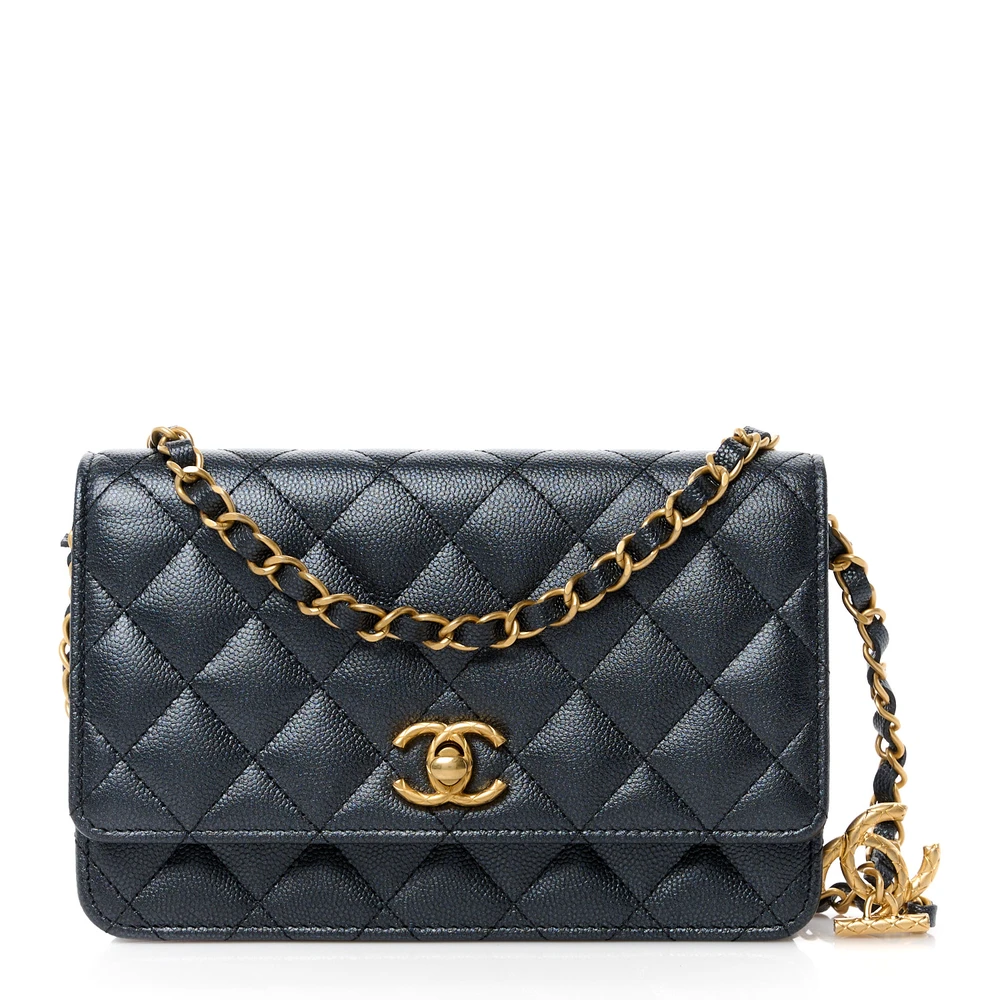 Lushentic Chanel CC Wallet On Chain (WOC) Small Navy Pearly Quilted Caviar Leather Silver Hardware Front