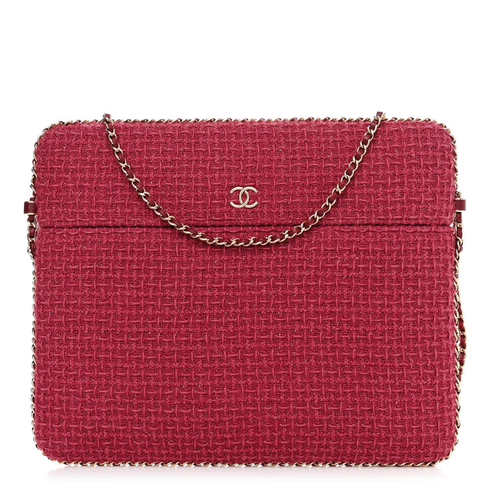 Lushentic Chanel Chain Around Tablet Holder Crossbody Bag Medium Pink Tweed Light Gold Hardware