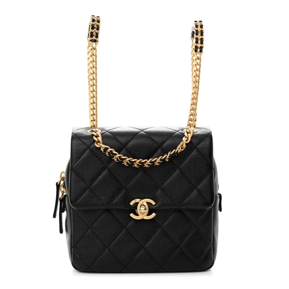 Lushentic Chanel Chain Melody Backpack Small Black Quilted Shiny Caviar Leather Gold Hardware Front