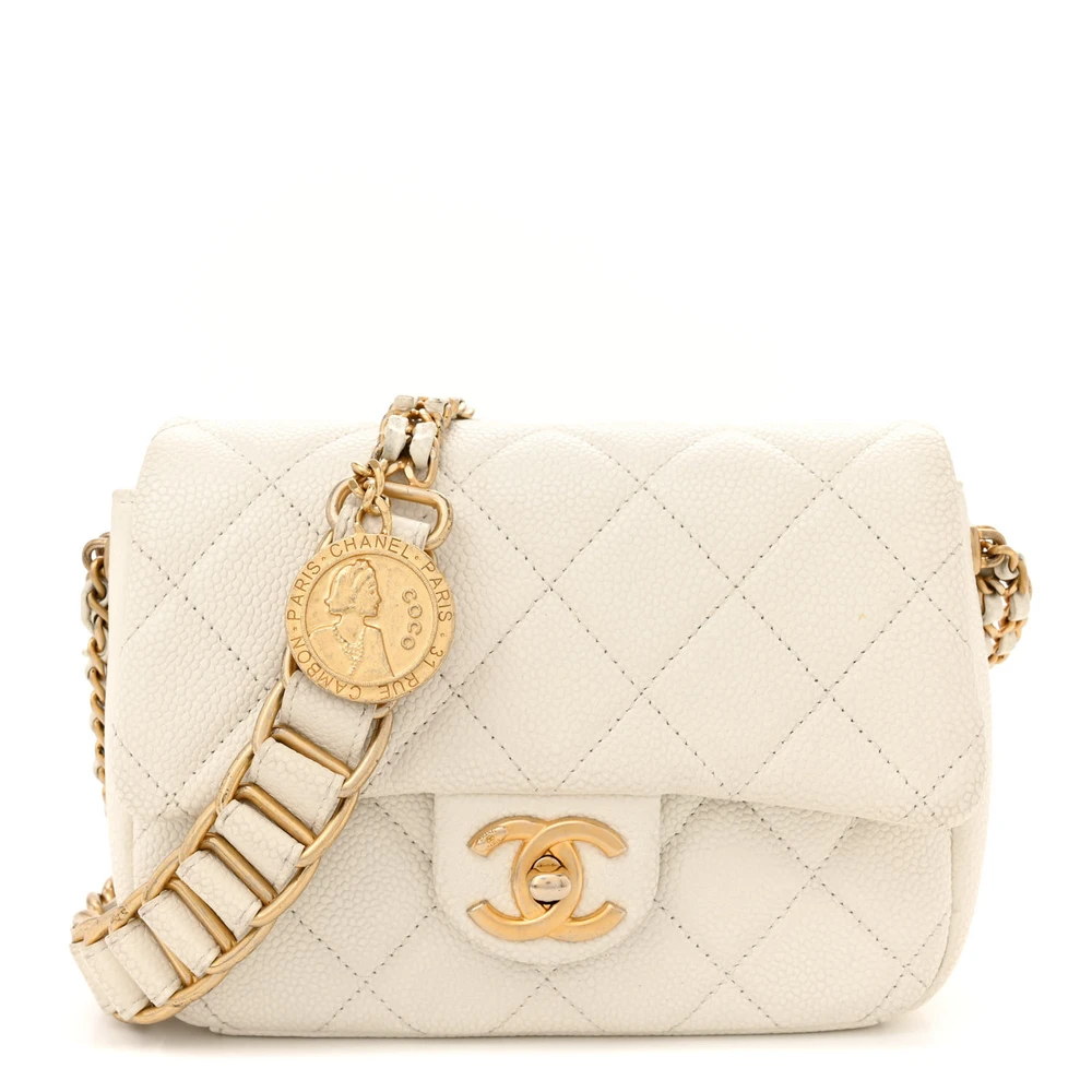 Lushentic Chanel Chain Soul Flap Mini White Quilted Caviar Leather Gold Hardware Front