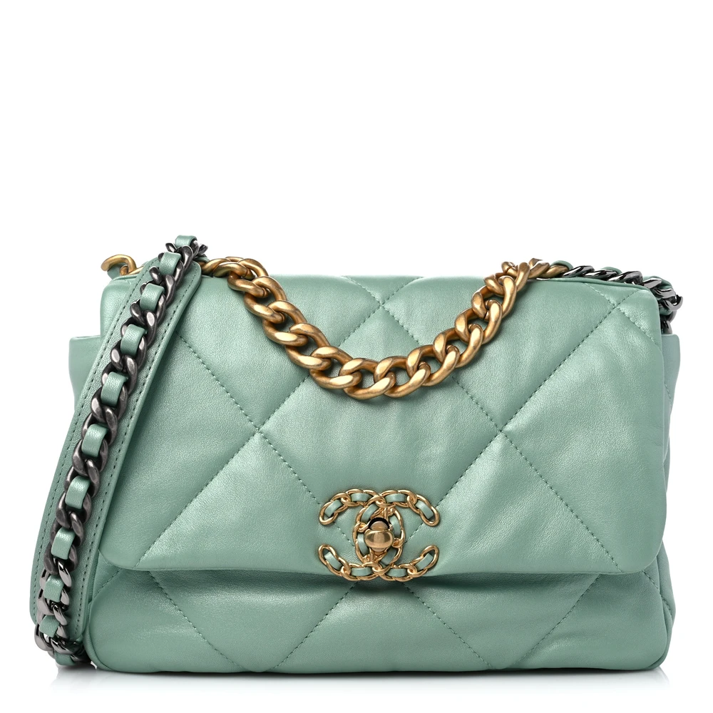 Lushentic Chanel Chanel 19 Flap Medium Light Blue Quilted Goatskin Leather Mixed Metal Hardware Front