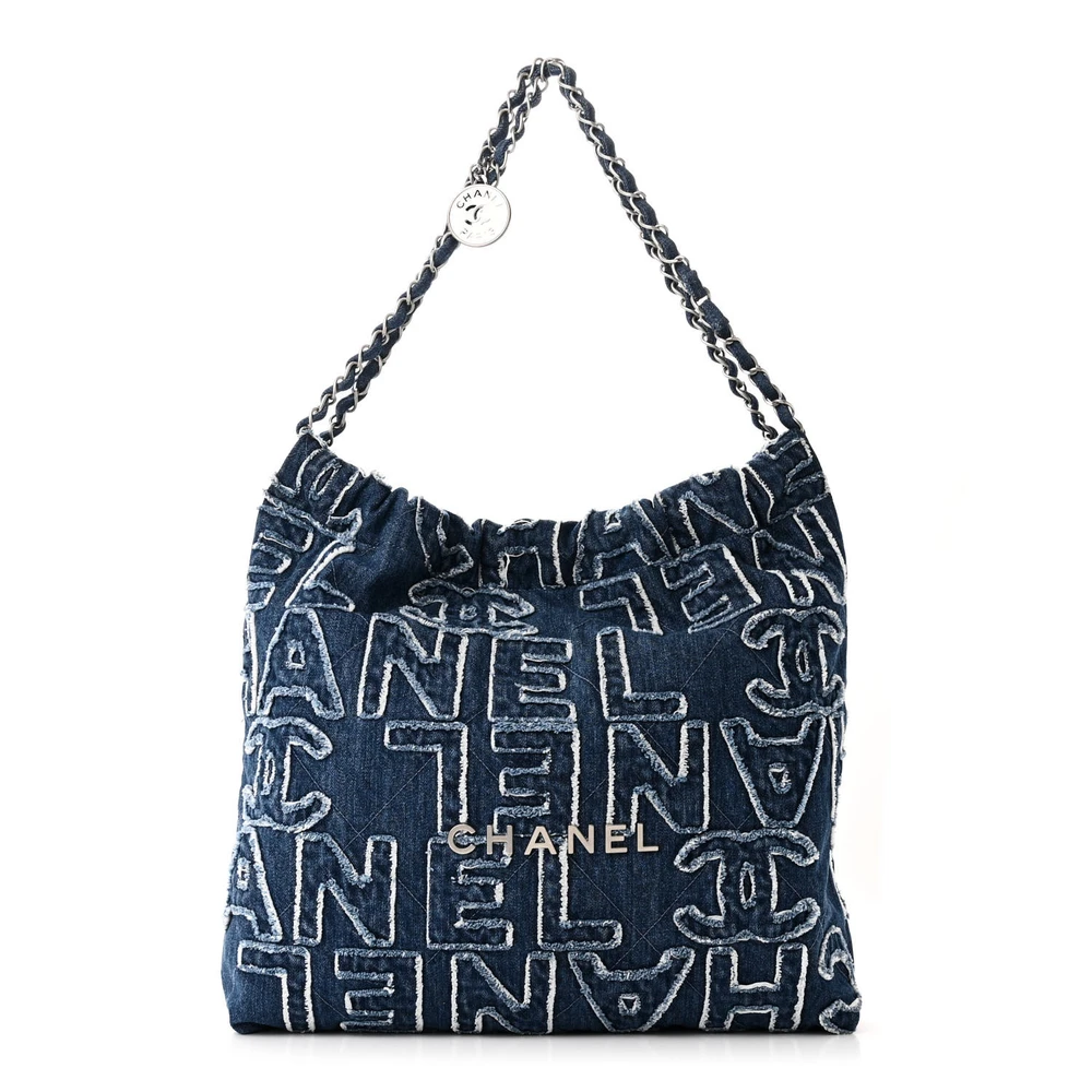 Lushentic Chanel Chanel 22 Large Blue Denim Patchwork Logo Silver Hardware Front