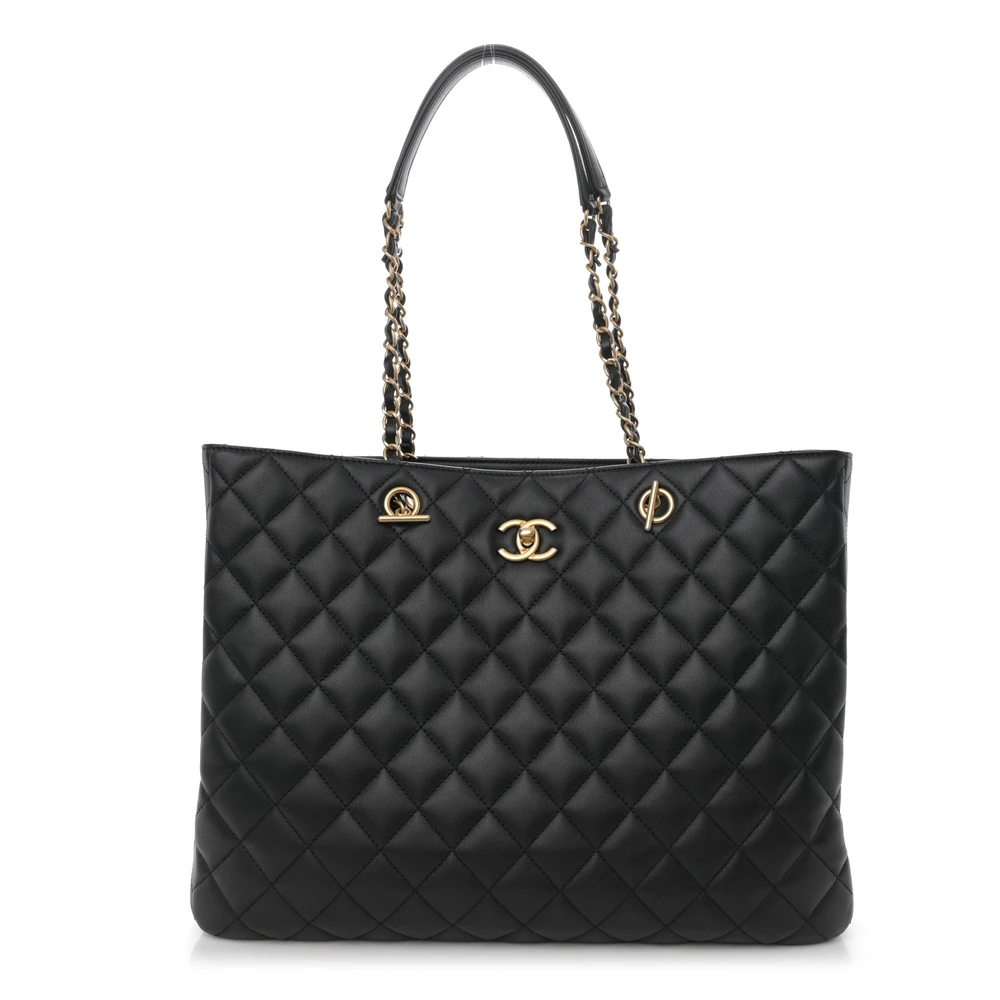 Lushentic Chanel Classic Shopping Tote Large Black Quilted Calfskin Leather Gold Hardware Front