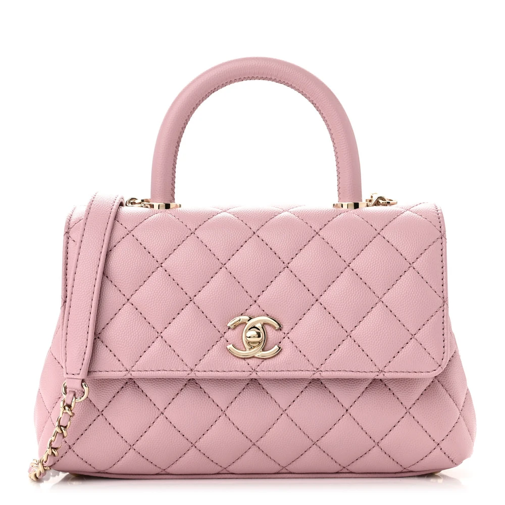Lushentic Chanel Coco Handle Flap Mini Light Pink Quilted Caviar Leather Silver Hardware Front