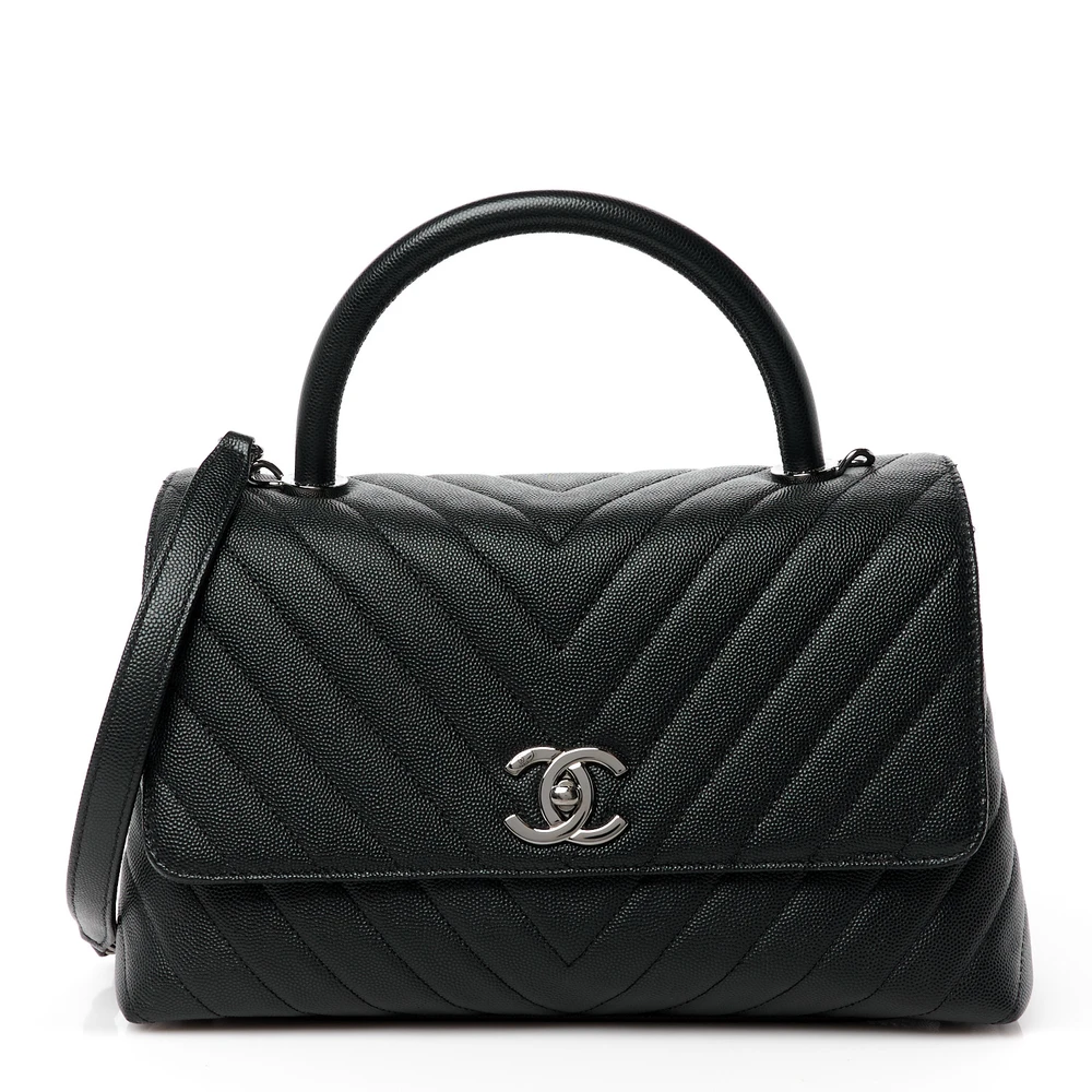Lushentic Chanel Coco Handle Flap Small Black Chevron Quilted Caviar Leather Silver Hardware Front