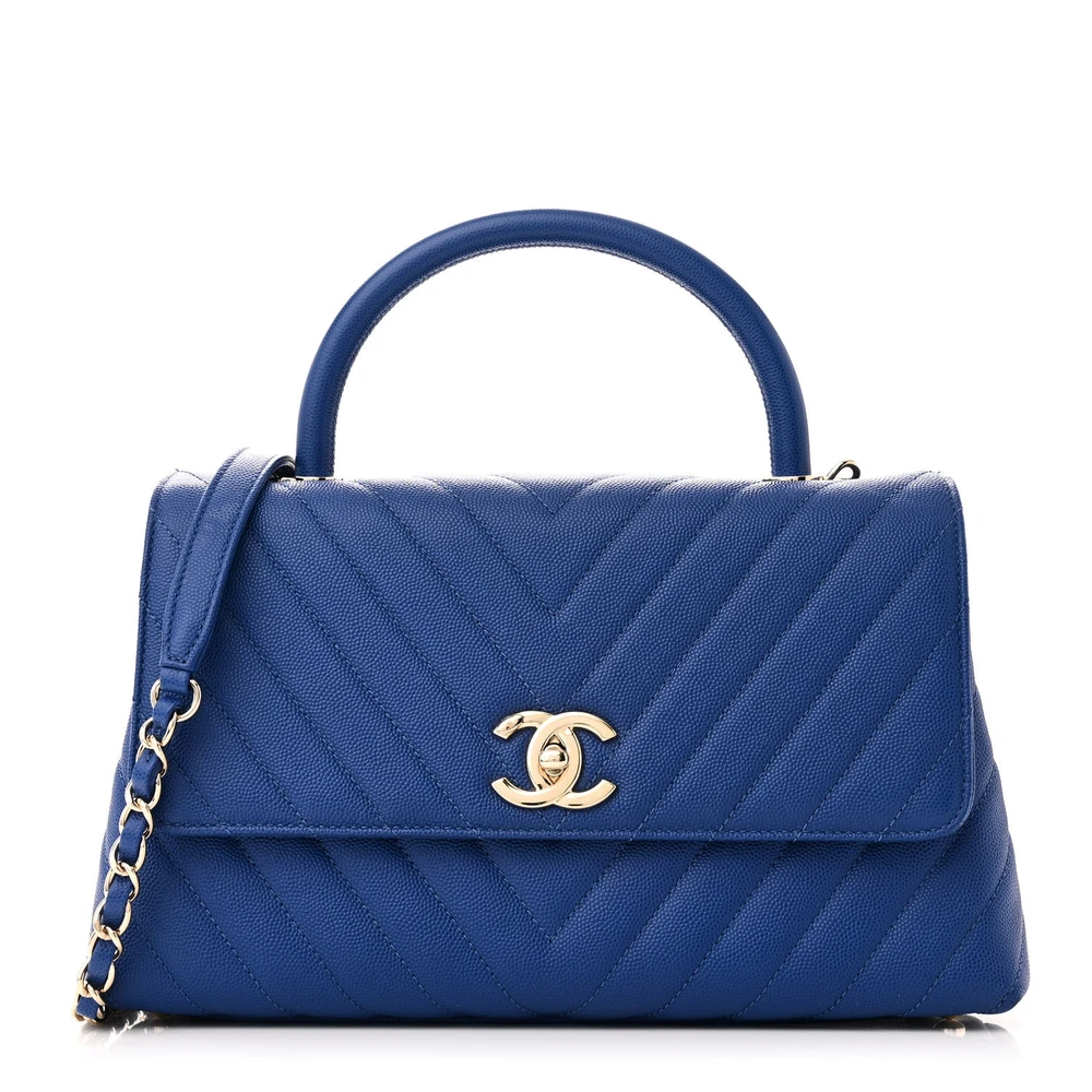 Lushentic Chanel Coco Handle Flap Small Blue Chevron Quilted Caviar Leather Light Gold Hardware Front