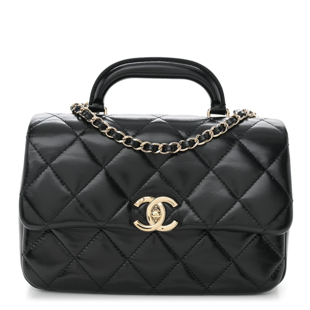 Lushentic Chanel Coco Trip Flap Medium Black Quilted Shiny Lambskin Leather Light Gold Hardware Front