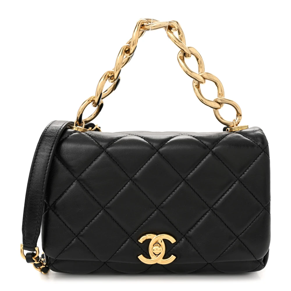 Lushentic Chanel Color Match Flap Small Black Quilted Lambskin Leather Gold Hardware Front
