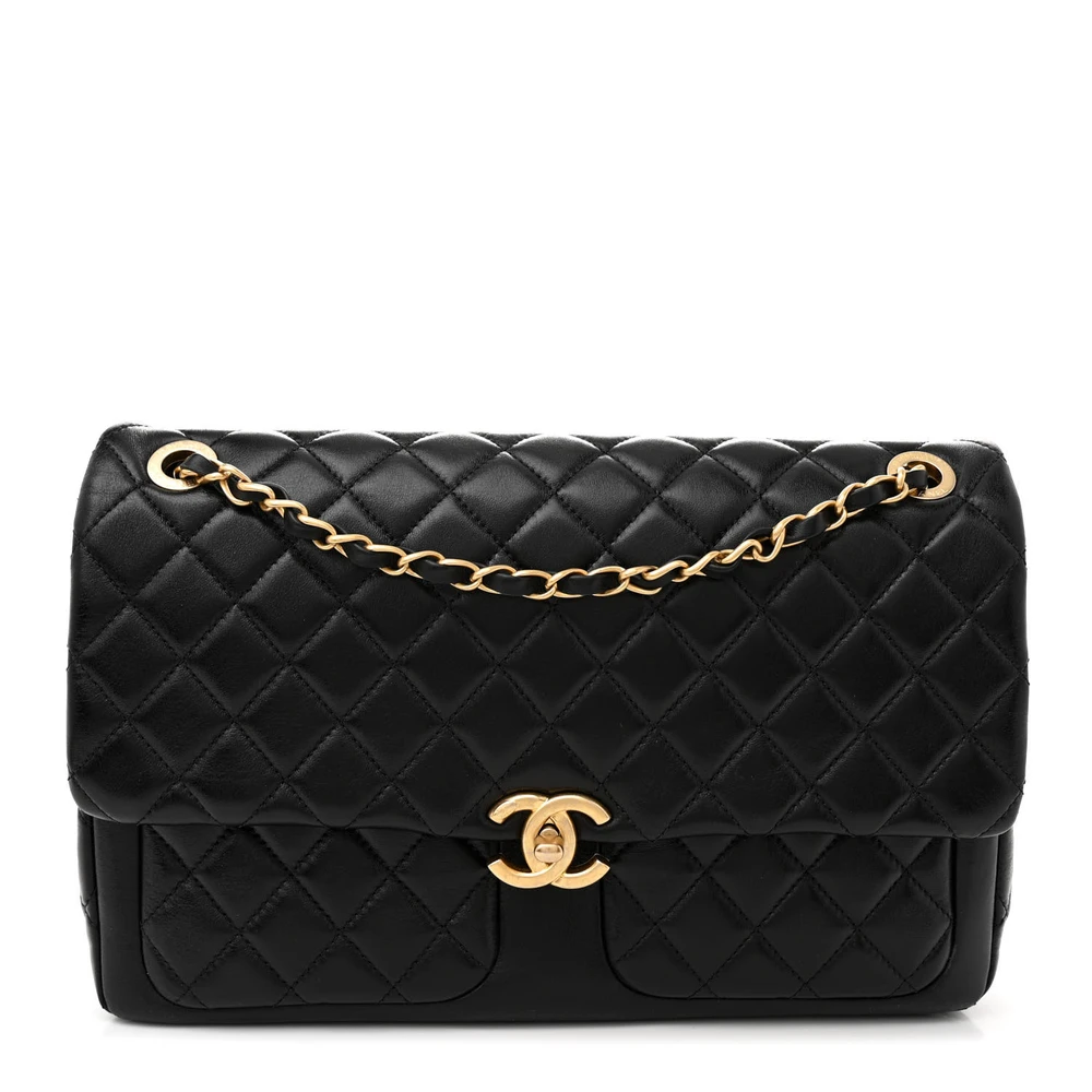 Lushentic Chanel Daily Friend Flap Medium Black Quilted Shiny Lambskin Leather Gold Hardware Front