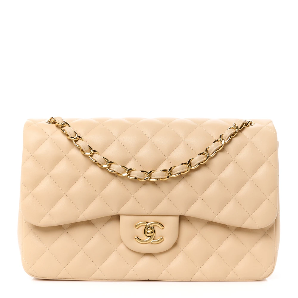 Lushentic Chanel Double Flap Jumbo Beige Quilted Lambskin Leather Gold Hardware Front